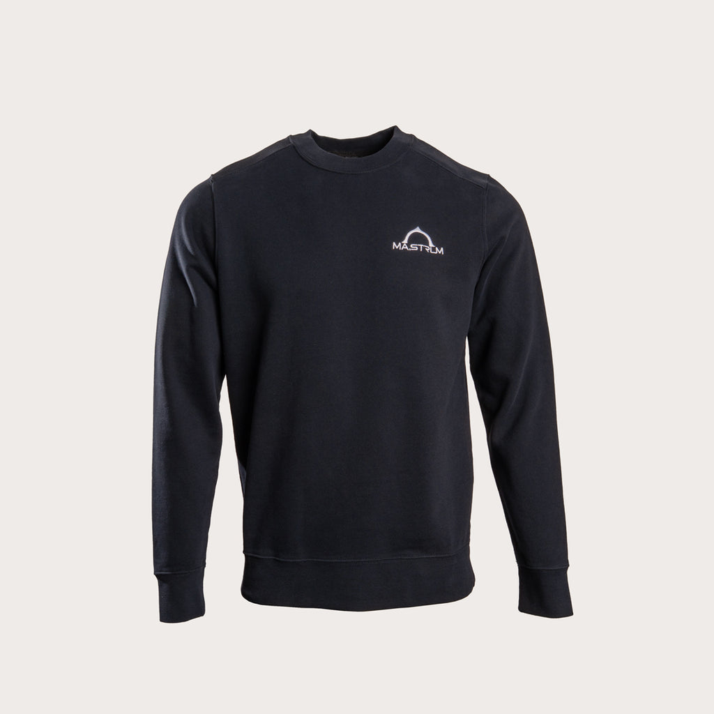 A black long-sleeve crewneck sweatshirt with a small white Kryptek logo on the left chest, displayed on a light gray background. MA.Strum Sweatshirt available at Sakks Menswear in Southampton.
