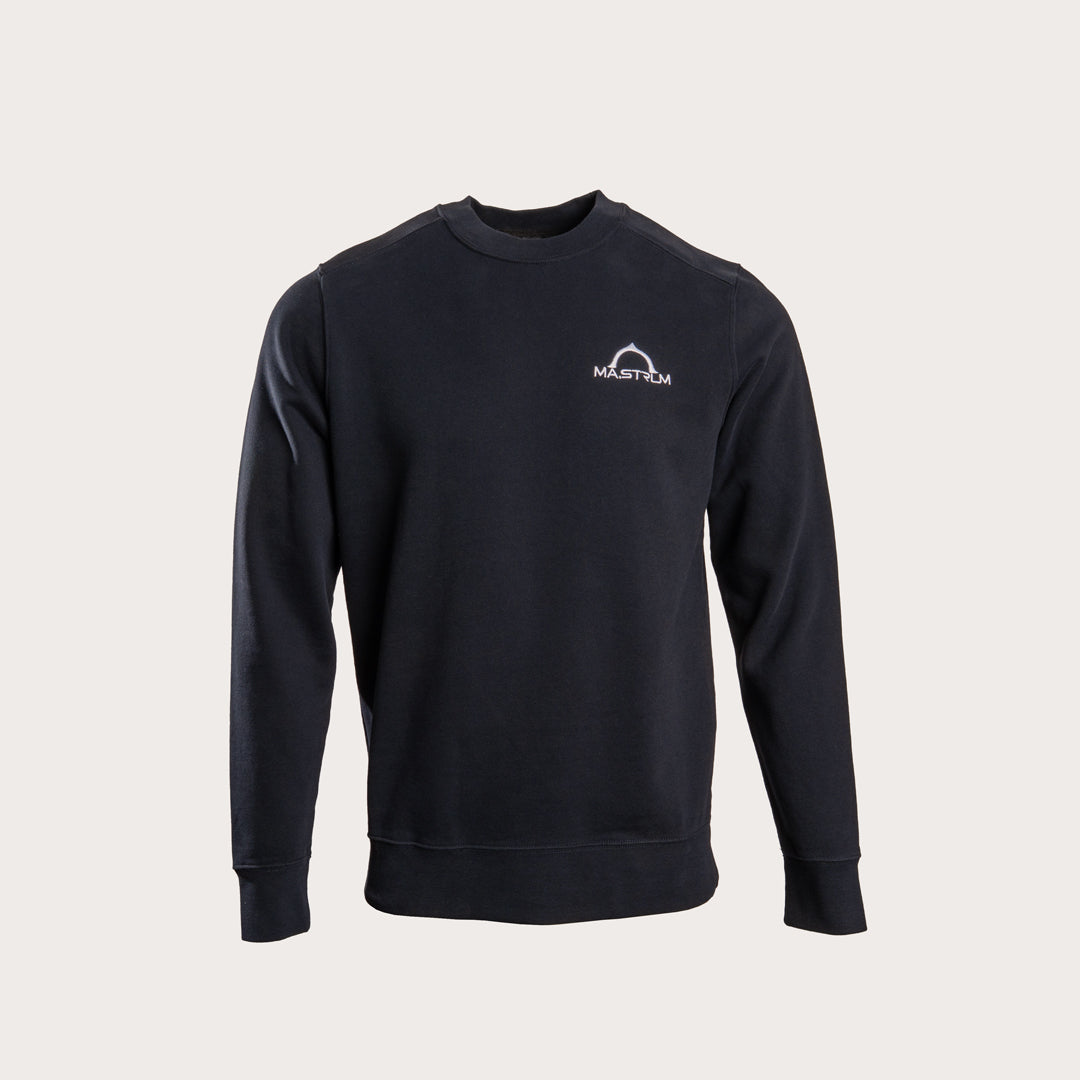 A black long-sleeve crewneck sweatshirt with a small white Kryptek logo on the left chest, displayed on a light gray background. MA.Strum Sweatshirt available at Sakks Menswear in Southampton.