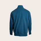 A dark teal blue long-sleeve quarter-zip sweatshirt shown from the back, displayed on a clean, light beige background. MA.Strum Sweatshirt available at Sakks Menswear in Southampton.