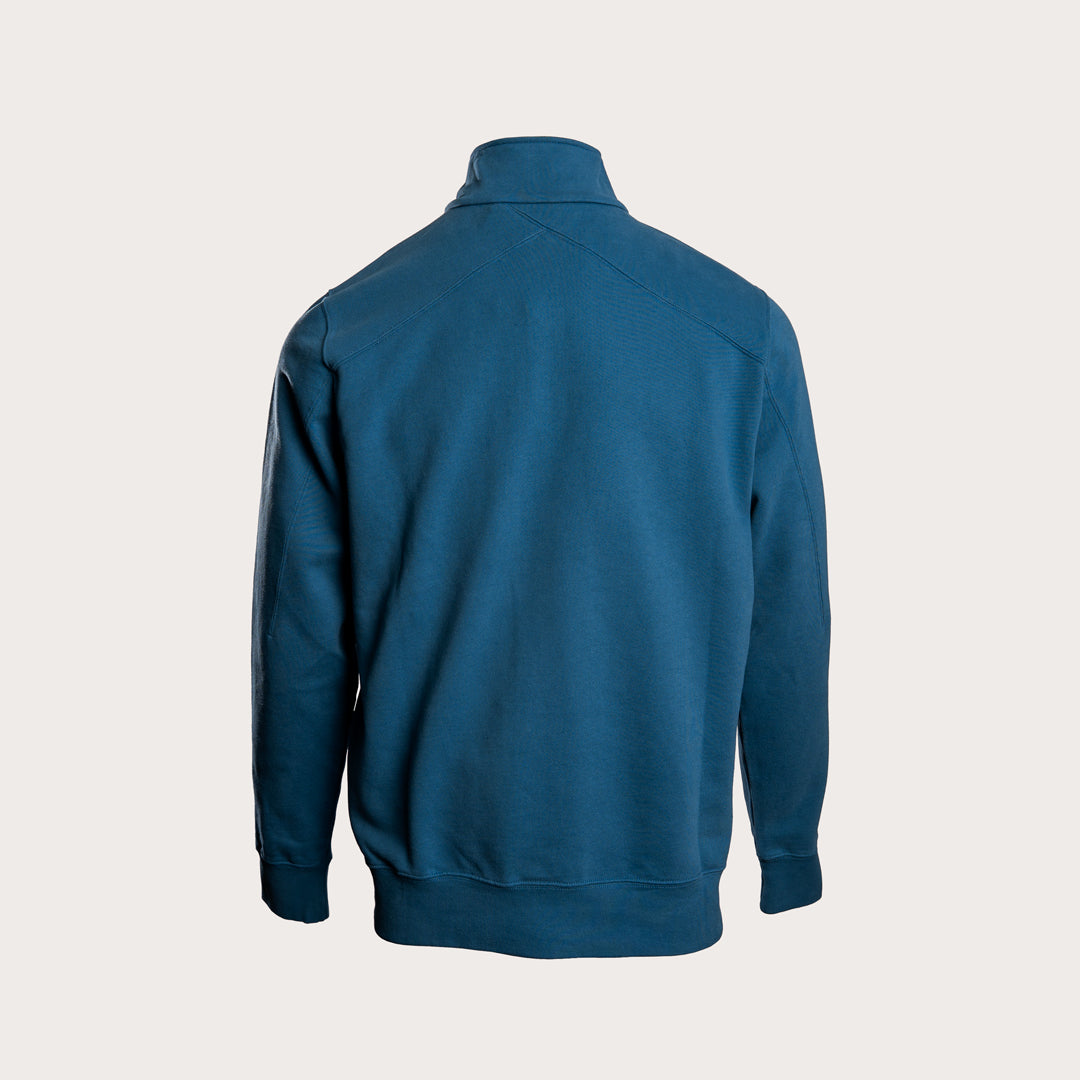 A dark teal blue long-sleeve quarter-zip sweatshirt shown from the back, displayed on a clean, light beige background. MA.Strum Sweatshirt available at Sakks Menswear in Southampton.