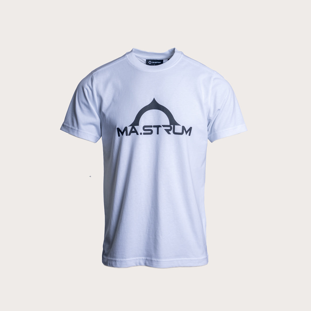 A white short-sleeve crewneck t-shirt featuring a black printed 'MA.STRUM' logo and arch graphic on the chest, displayed against a light beige background. MA.Strum T-Shirt available at Sakks Menswear in Southampton