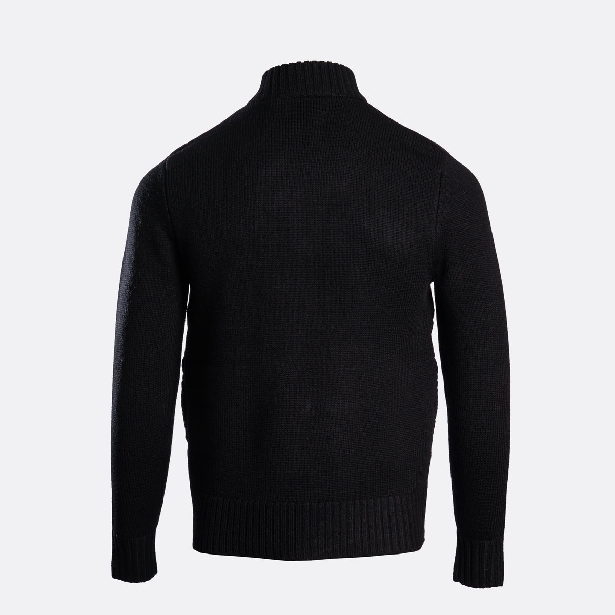 A black ribbed knit turtleneck sweater shown from the back on a light gray background. MA.Strum Hybrid Jacket available at Sakks Menswear in Southampton.