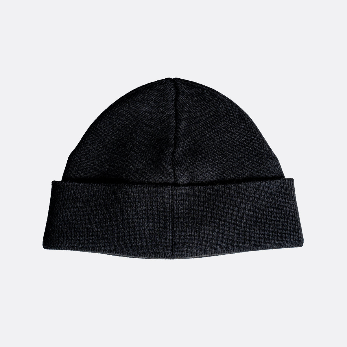 A black ribbed knit beanie hat with a folded cuff, shown against a plain light gray background. MA.Strum Beanie available at Sakks Menswear in Southampton.