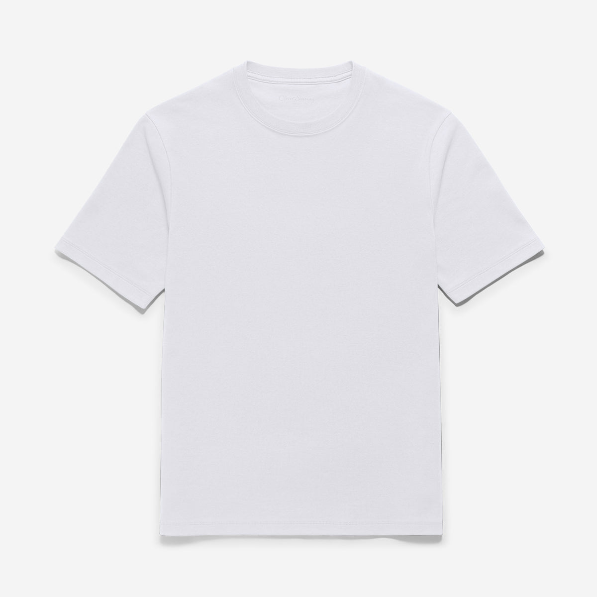 A plain white short-sleeve crewneck t-shirt laid flat against a light gray background. Oliver Sweeney T-Shirt available at Sakks Menswear in Southampton.