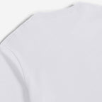 Close-up of a plain white long-sleeve top showing the shoulder seam and neckline stitching against a light gray background. Oliver Sweeney T-Shirt available at Sakks Menswear in Southampton.