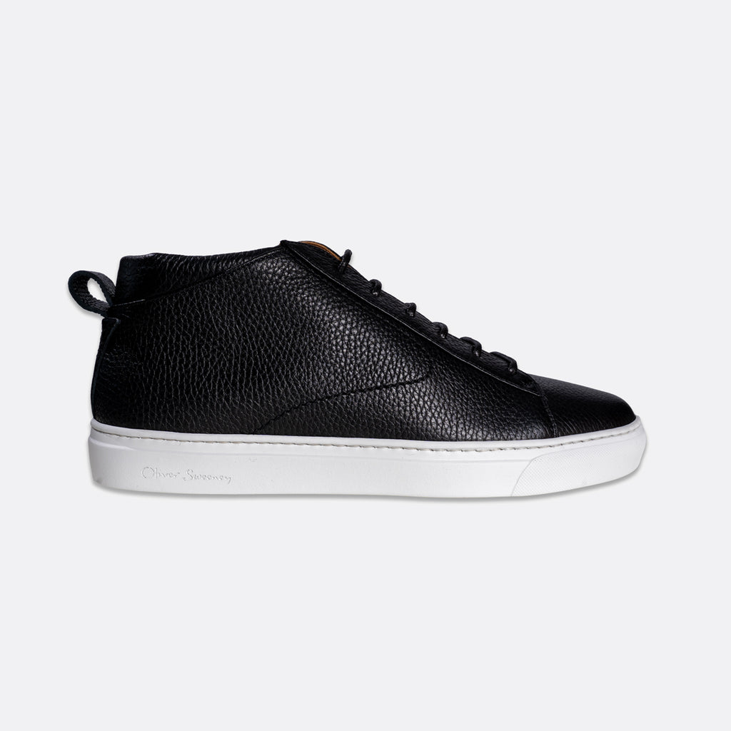 A black pebbled leather high-top sneaker with a white rubber sole, shown in a side profile view against a light gray background. Oliver Sweeney Sneakers available at Sakks Menswear in Southampton.