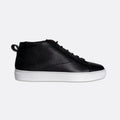 A black pebbled leather high-top sneaker with a white rubber sole, shown in a side profile view against a light gray background. Oliver Sweeney Sneakers available at Sakks Menswear in Southampton.