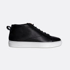 A black pebbled leather high-top sneaker with a white rubber sole, shown in a side profile view against a light gray background. Oliver Sweeney Sneakers available at Sakks Menswear in Southampton.