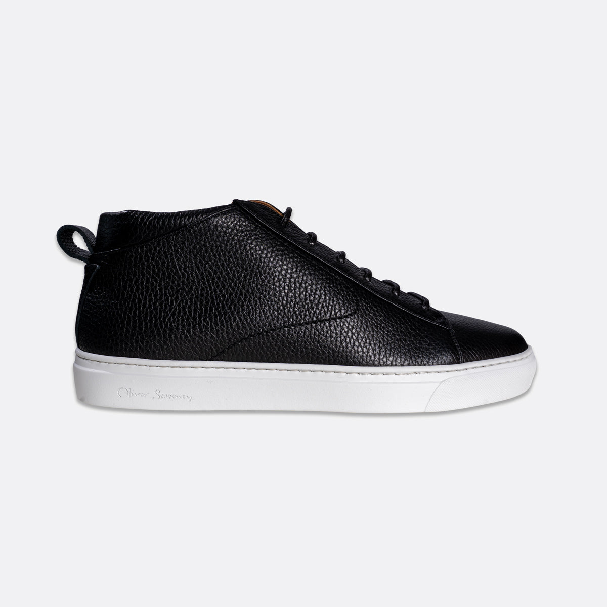 A black pebbled leather high-top sneaker with a white rubber sole, shown in a side profile view against a light gray background. Oliver Sweeney Sneakers available at Sakks Menswear in Southampton.