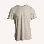 A light beige short-sleeve crewneck t-shirt with a single chest pocket, displayed against a solid off-white background. PAIGE T-Shirt available at Sakks Menswear in Southampton.