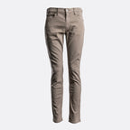 A pair of slim-fit jeans in a muted taupe-brown color, shown on a clean, light gray background. PAIGE Jeans available at Sakks Menswear in Southampton.