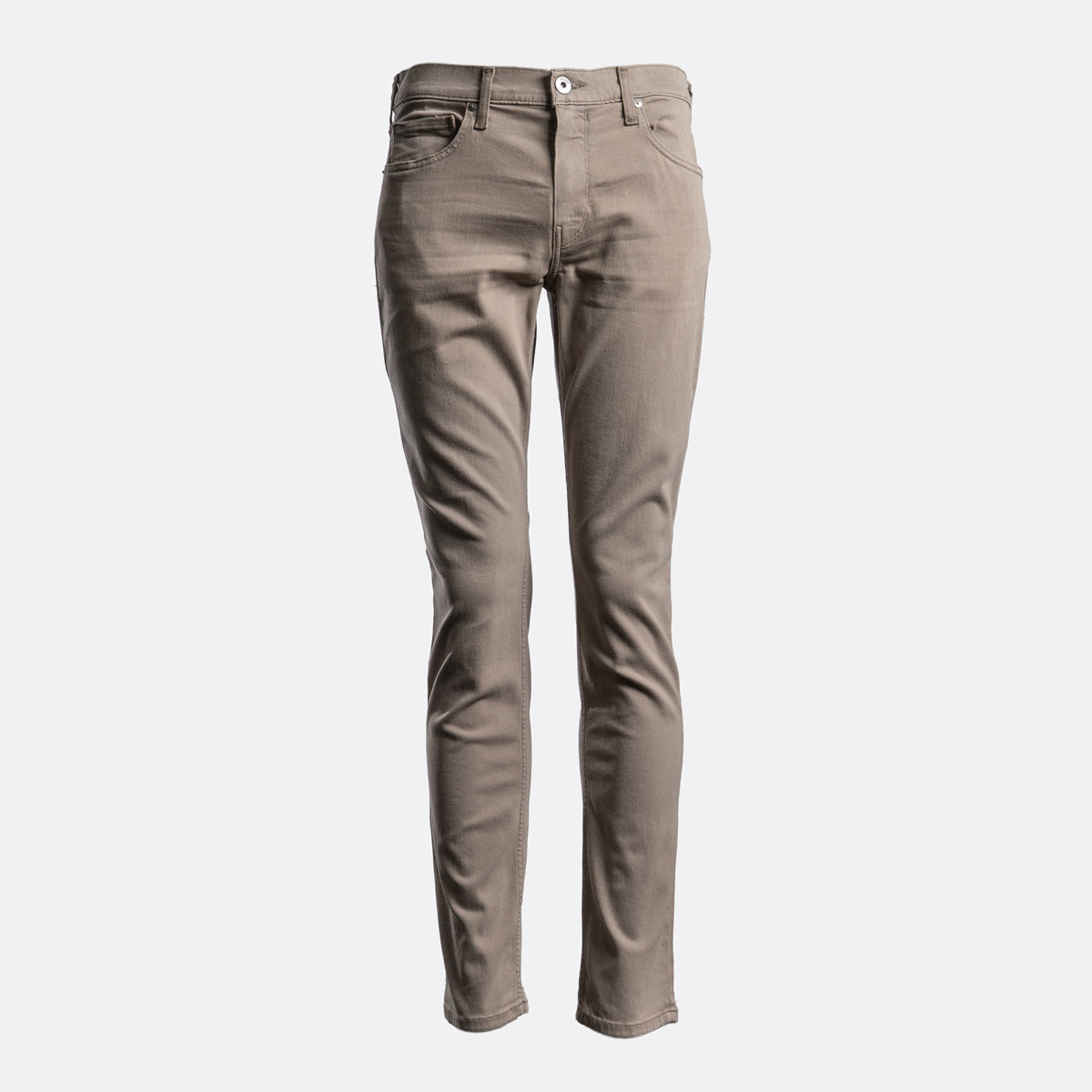 A pair of slim-fit jeans in a muted taupe-brown color, shown on a clean, light gray background. PAIGE Jeans available at Sakks Menswear in Southampton.