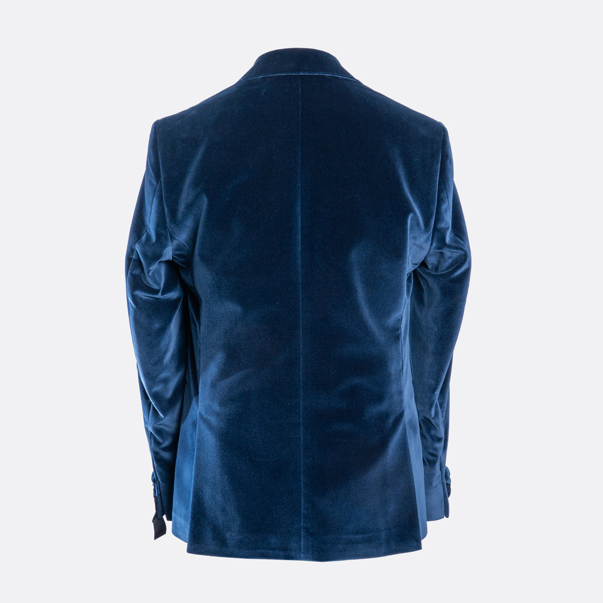 A dark blue velvet blazer shown from the back, displayed on a clean, light gray background. Sand Copenhagen Velvet Blazer available at Sakks Menswear in Southampton.