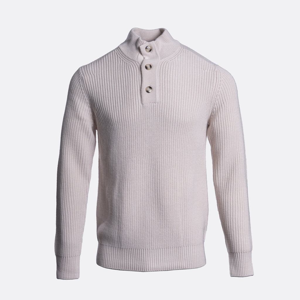A light pink ribbed knit sweater with a mock neck and three-button placket, displayed on a clean white background. Thomas Maine Jumper available at Sakks Menswear in Southampton.