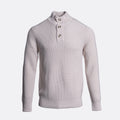 A light pink ribbed knit sweater with a mock neck and three-button placket, displayed on a clean white background. Thomas Maine Jumper available at Sakks Menswear in Southampton.