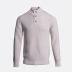 A light pink ribbed knit sweater with a mock neck and three-button placket, displayed on a clean white background. Thomas Maine Jumper available at Sakks Menswear in Southampton.