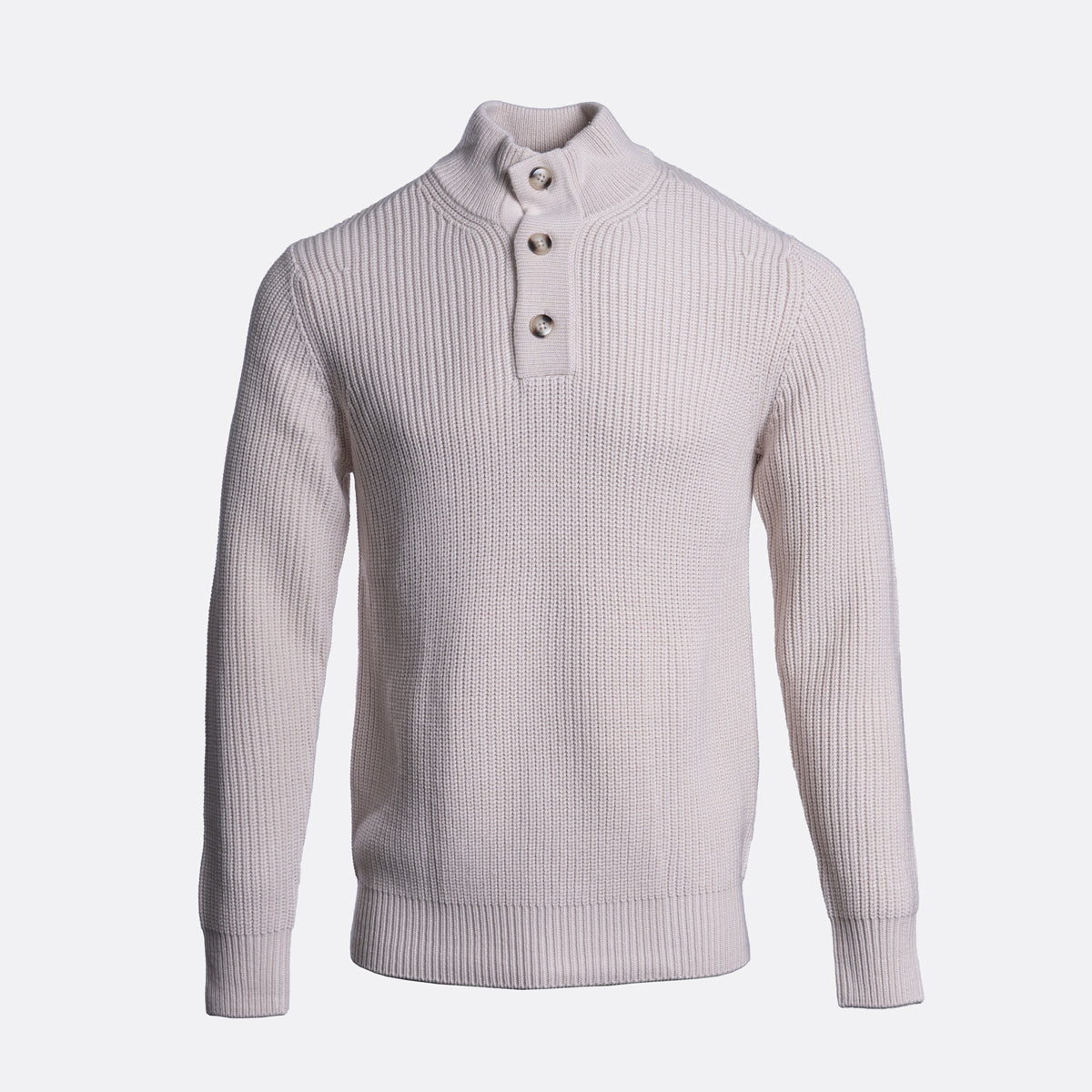 A light pink ribbed knit sweater with a mock neck and three-button placket, displayed on a clean white background. Thomas Maine Jumper available at Sakks Menswear in Southampton.