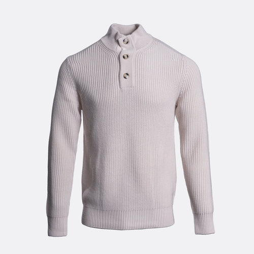 A light pink ribbed knit sweater with a mock neck and three-button placket, displayed on a clean white background. Thomas Maine Jumper available at Sakks Menswear in Southampton.
