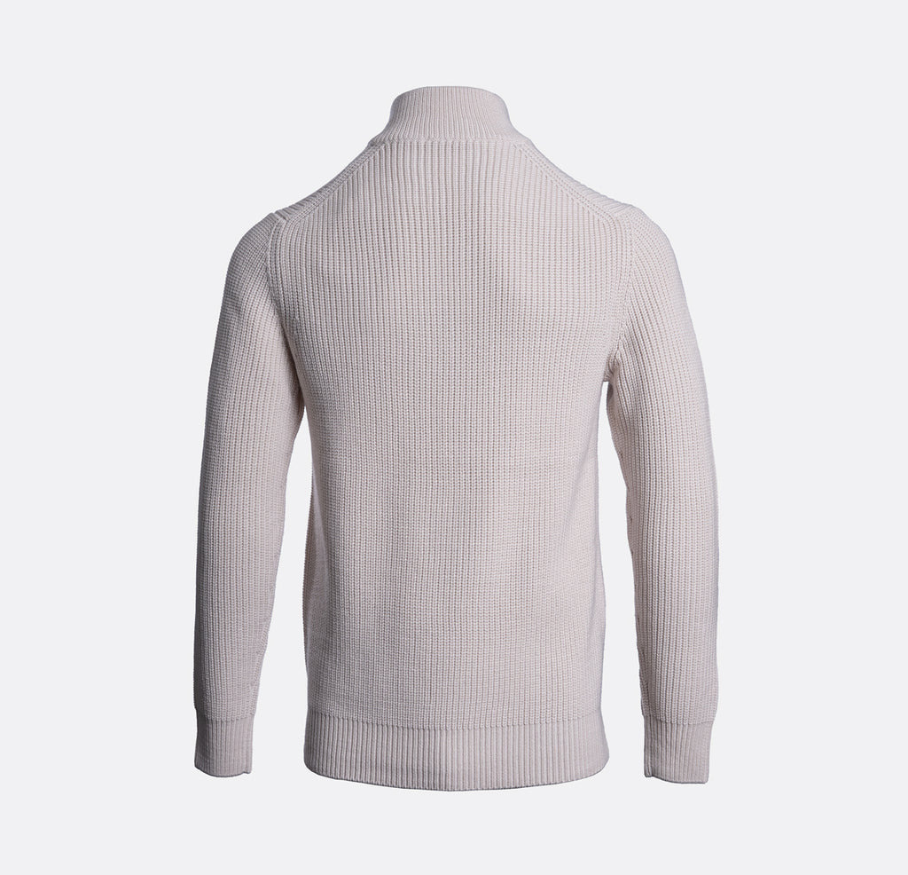 A light beige ribbed knit sweater shown from the back, featuring a mock neck and long sleeves, displayed on a clean white background. Thomas Maine Jumper available at Sakks Menswear in Southampton.