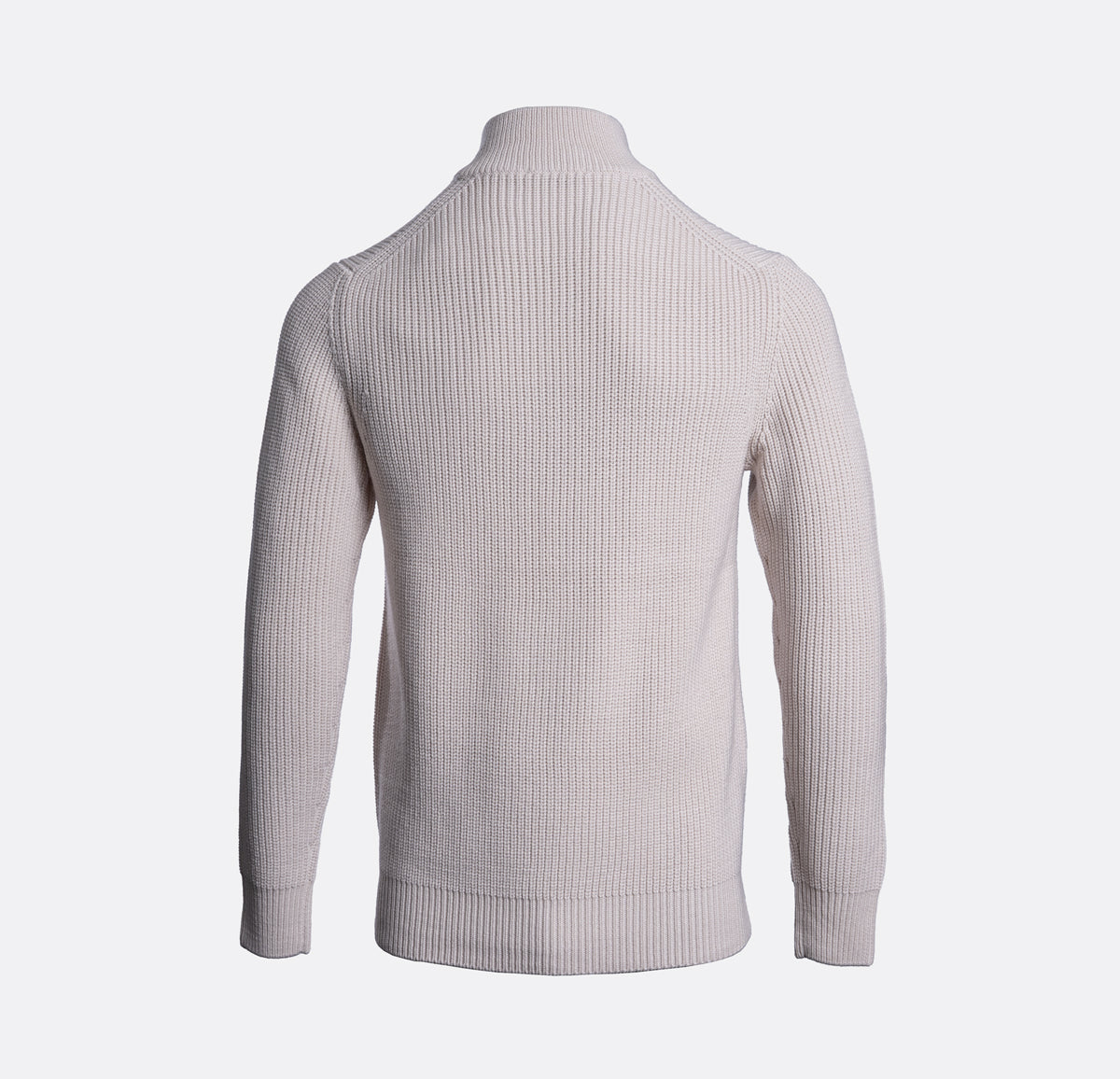 A light beige ribbed knit sweater shown from the back, featuring a mock neck and long sleeves, displayed on a clean white background. Thomas Maine Jumper available at Sakks Menswear in Southampton.