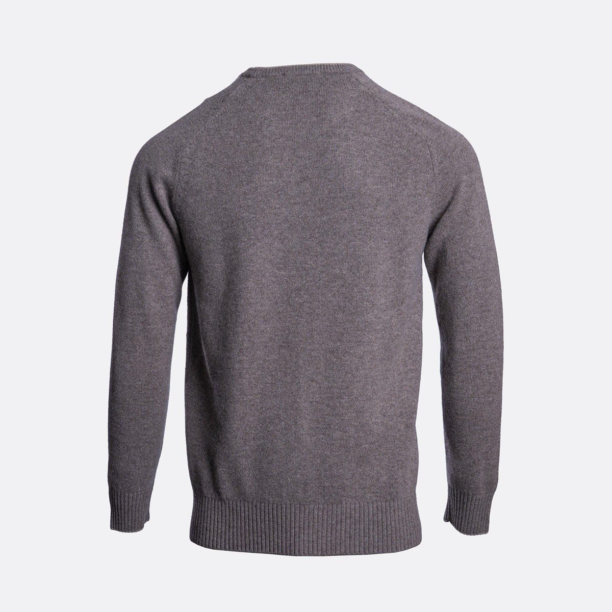 A dark gray knit sweater shown from the back, featuring a crew neck, long sleeves, and ribbed cuffs and hem, set against a plain light gray background. Thomas Maine Jumper available at Sakks Menswear in Southampton.