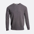 A dark gray heather knit crewneck sweater with raglan sleeves and ribbed cuffs and hem, shown on a light gray background. Thomas Maine Jumper available at Sakks Menswear in Southampton.