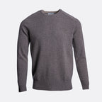 A dark gray heather knit crewneck sweater with raglan sleeves and ribbed cuffs and hem, shown on a light gray background. Thomas Maine Jumper available at Sakks Menswear in Southampton.