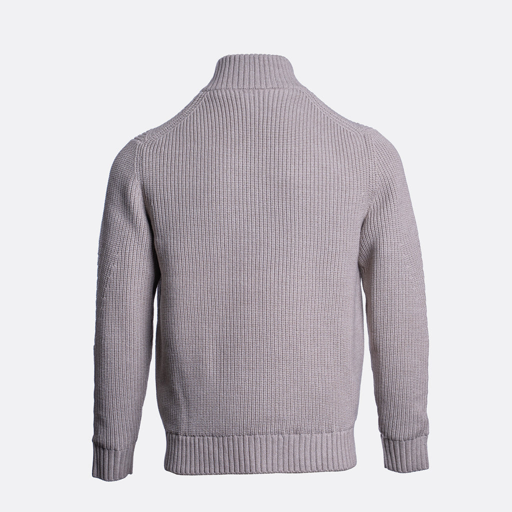 A light gray ribbed knit sweater with a mock neck collar, shown from the back on a clean white background. Thomas Maine Cardigan available at Sakks Menswear in Southampton.