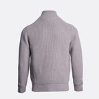 A light gray ribbed knit sweater with a mock neck collar, shown from the back on a clean white background. Thomas Maine Cardigan available at Sakks Menswear in Southampton.