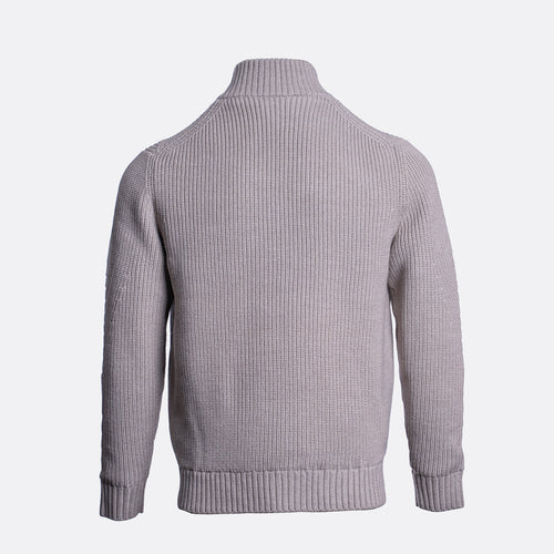 A light gray ribbed knit sweater with a mock neck collar, shown from the back on a clean white background. Thomas Maine Cardigan available at Sakks Menswear in Southampton.
