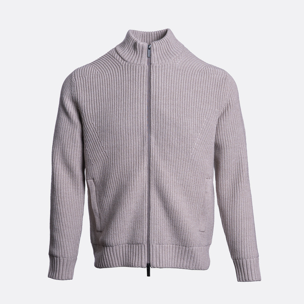 A light gray ribbed knit zip-up cardigan sweater with a mock neck collar, shown on a plain light gray background. Thomas Maine Cardigan available at Sakks Menswear in Southampton.