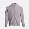 A light gray ribbed knit zip-up cardigan sweater with a mock neck collar, shown on a plain light gray background. Thomas Maine Cardigan available at Sakks Menswear in Southampton.