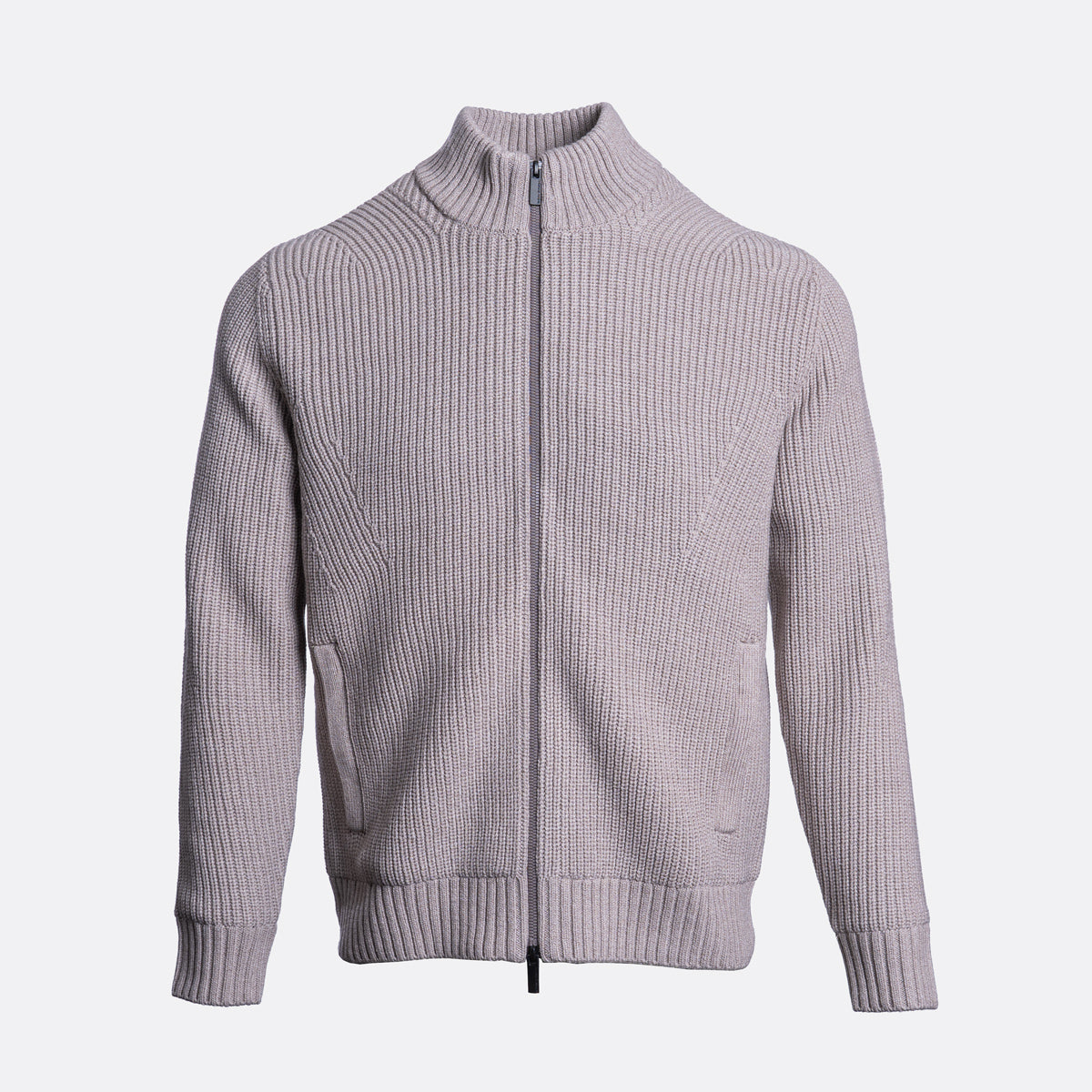 A light gray ribbed knit zip-up cardigan sweater with a mock neck collar, shown on a plain light gray background. Thomas Maine Cardigan available at Sakks Menswear in Southampton.