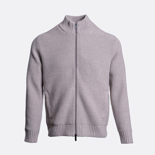 A light gray ribbed knit zip-up cardigan sweater with a mock neck collar, shown on a plain light gray background. Thomas Maine Cardigan available at Sakks Menswear in Southampton.