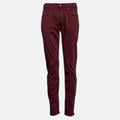 A pair of slim-fit jeans in a deep burgundy color, shown flat against a light gray background. 7 For All Mankind Slimmy Sateen Jeans. Sakks Menswear Southampton.