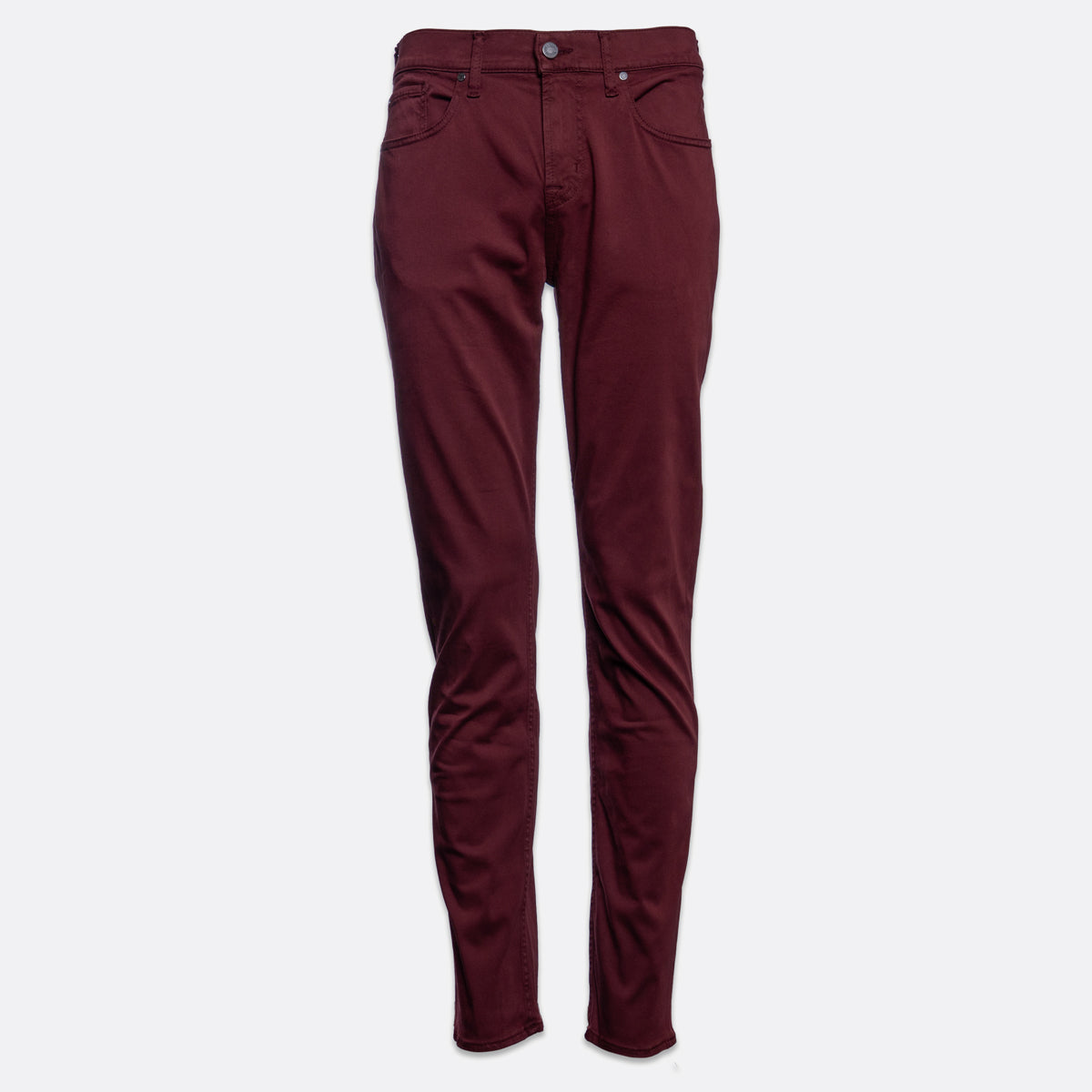 A pair of slim-fit jeans in a deep burgundy color, shown flat against a light gray background. 7 For All Mankind Slimmy Sateen Jeans. Sakks Menswear Southampton.