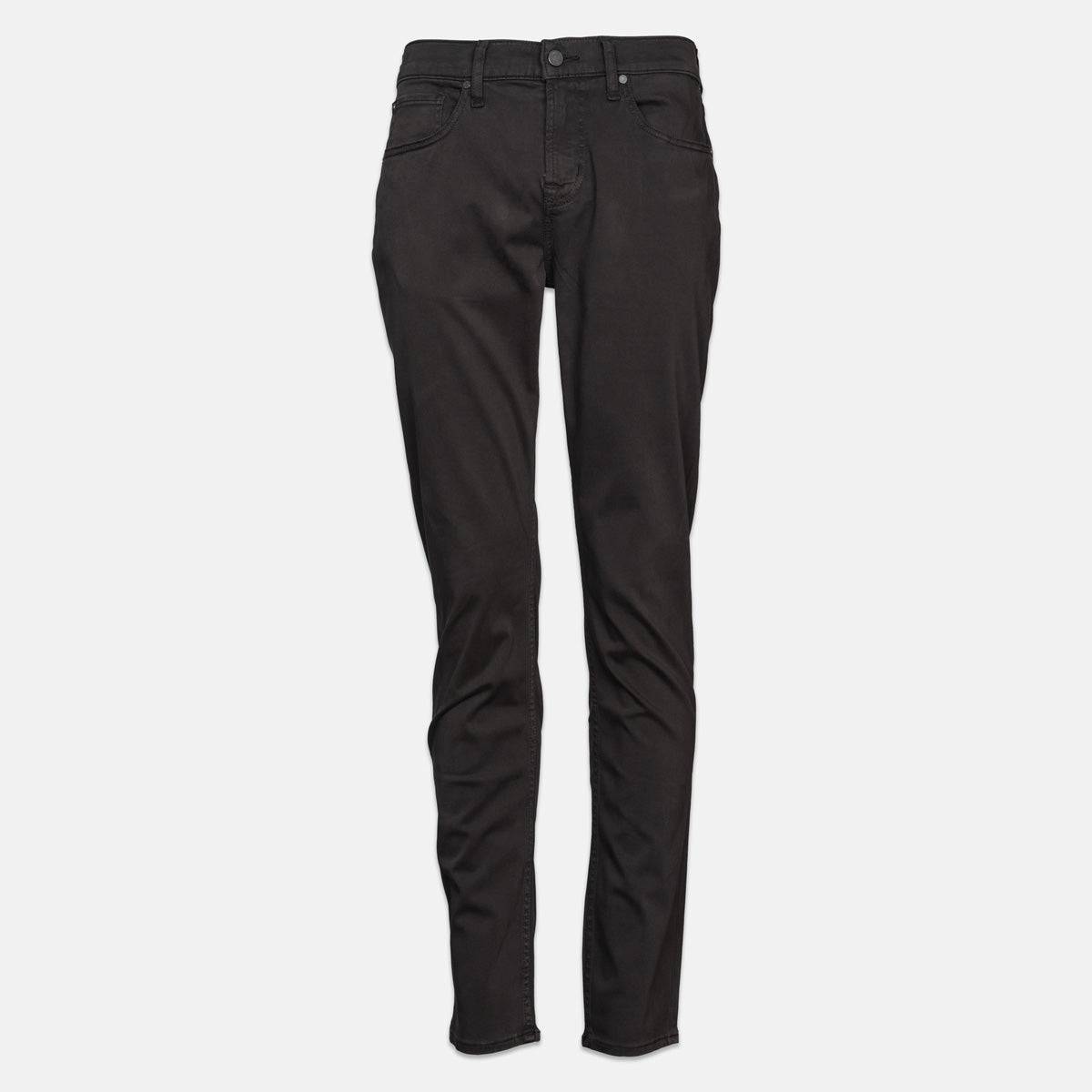 Black slim-fit jeans shown flat against a light gray background. 7 For All Mankind Chinos available at Sakks Menswear in Southampton.