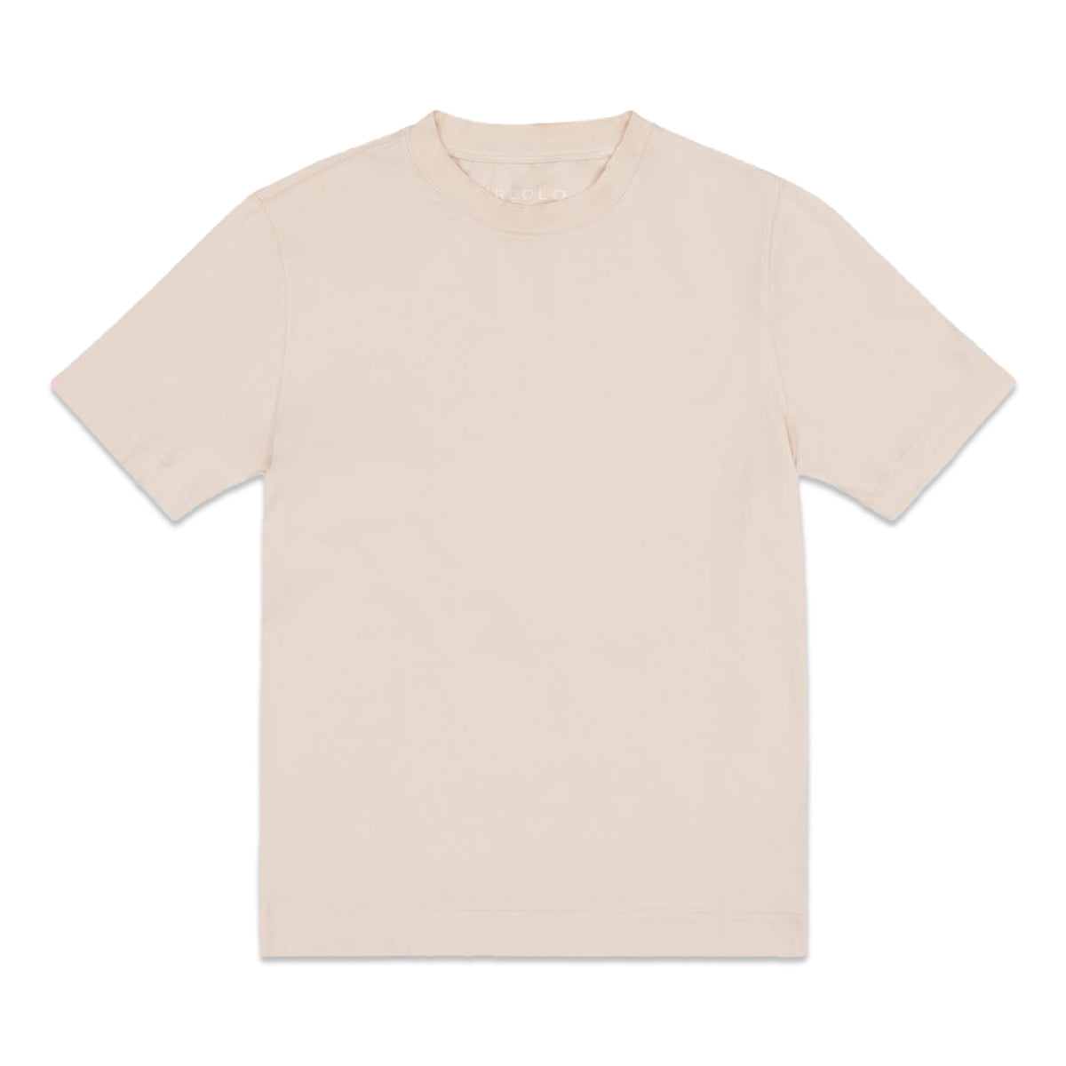A Off-White coloured t-shirt is placed flat in front of a light grey background. Circolo 1901 T-Shirt available at Sakks Menswear in Southampton.