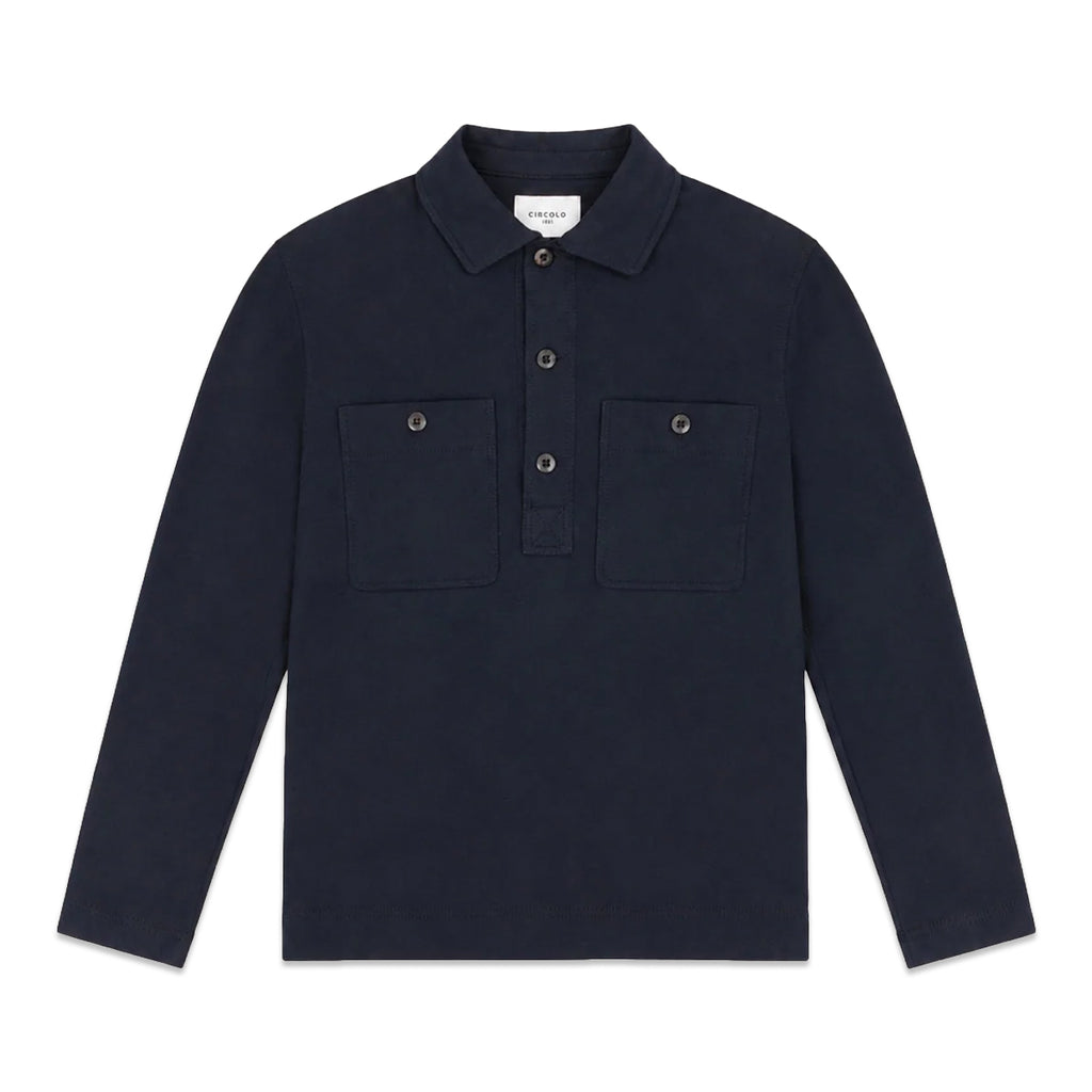A dark navy long-sleeve polo shirt with two buttoned chest pockets, displayed flat against a solid white background. Circolo 1901 Sweatshirts available at Sakks Menswear in Southampton.