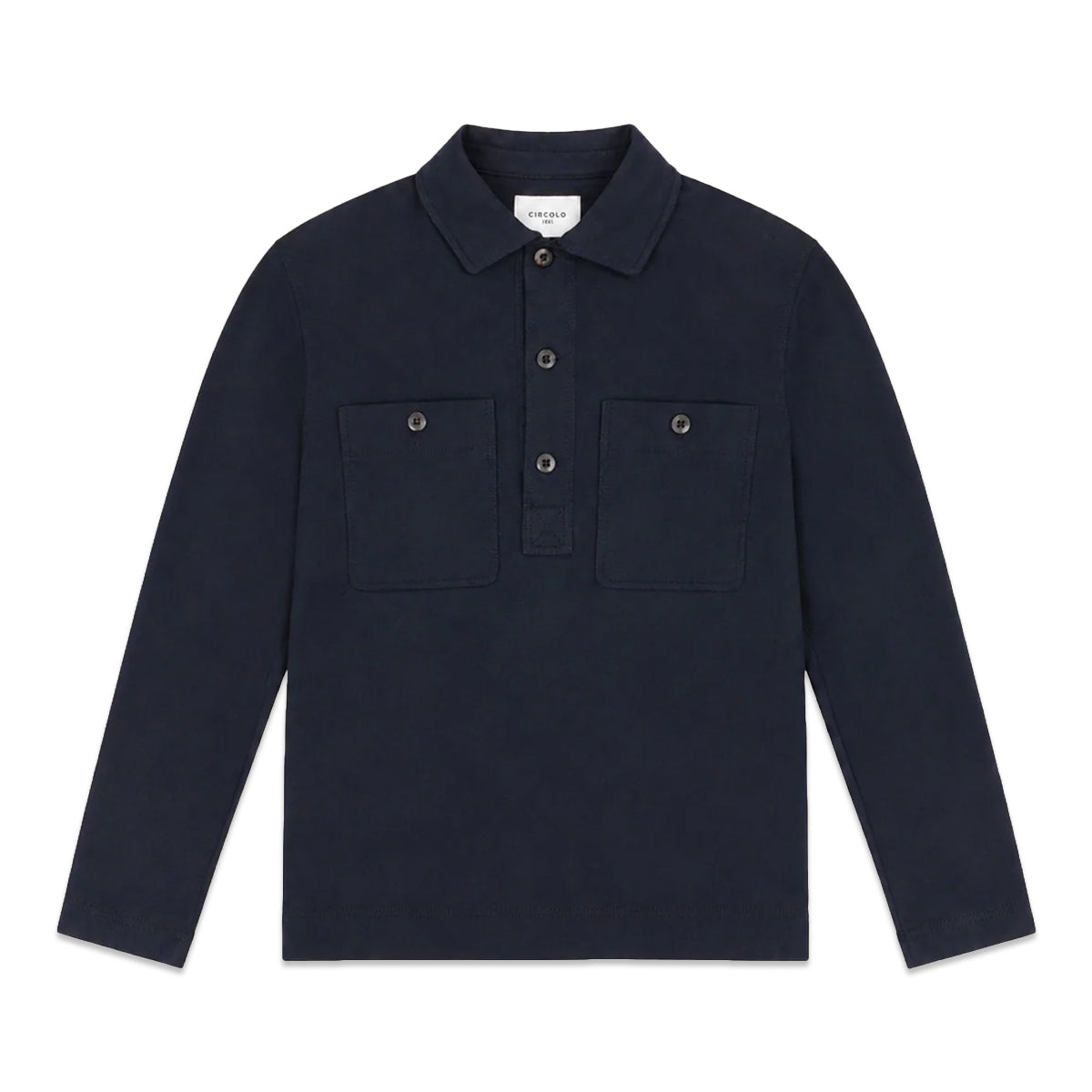 A dark navy long-sleeve polo shirt with two buttoned chest pockets, displayed flat against a solid white background. Circolo 1901 Sweatshirts available at Sakks Menswear in Southampton.