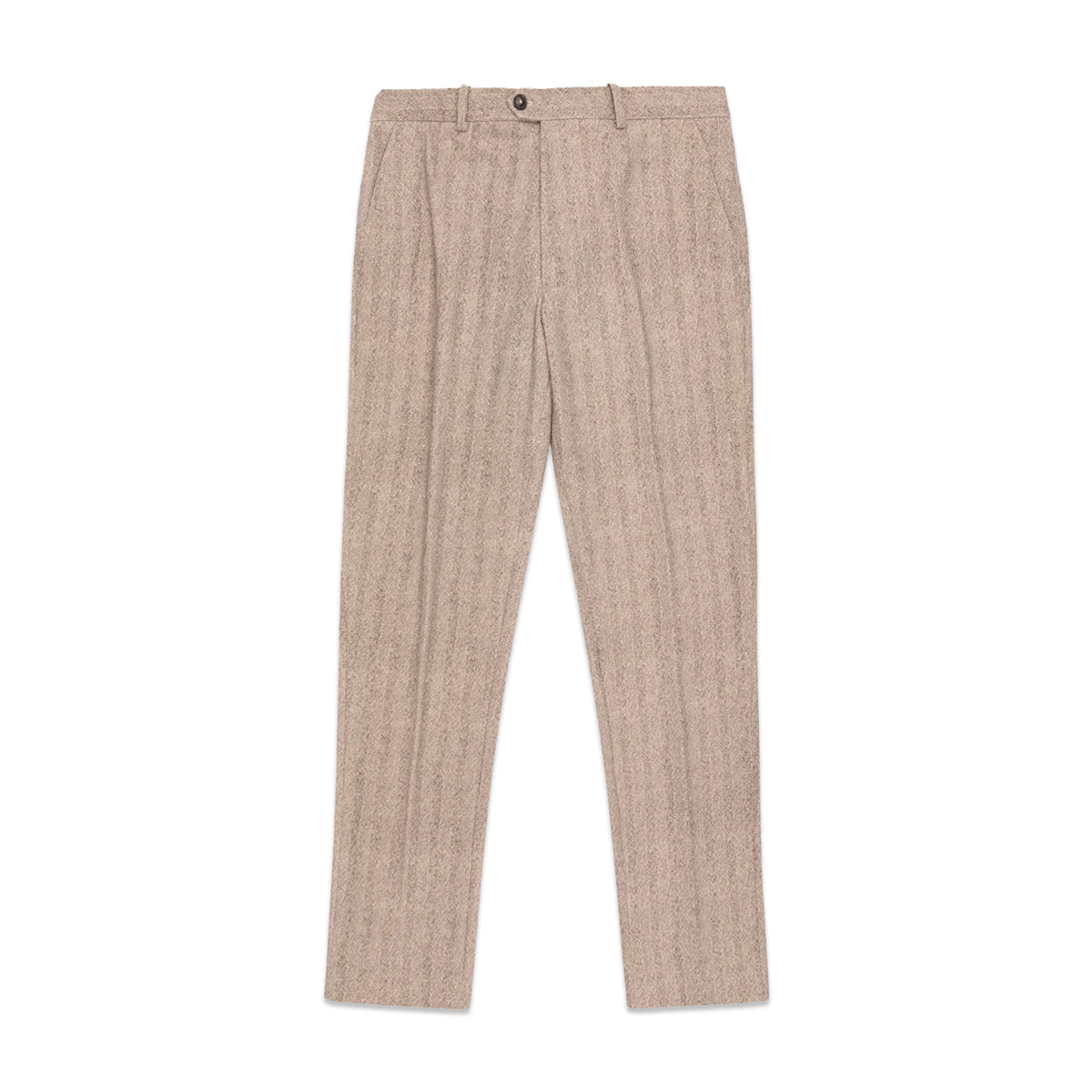 A pair of beige pinstriped wool trousers with a subtle tweed texture, shown flat against a solid white background. Circolo 1901 Trousers available at Sakks Menswear in Southampton.