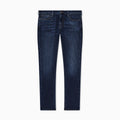 A pair of dark blue slim-fit jeans with subtle whiskering and fading on the thighs, shown flat against a solid white background. Emporio Armani Jeans available at Sakks Menswear in Southampton.