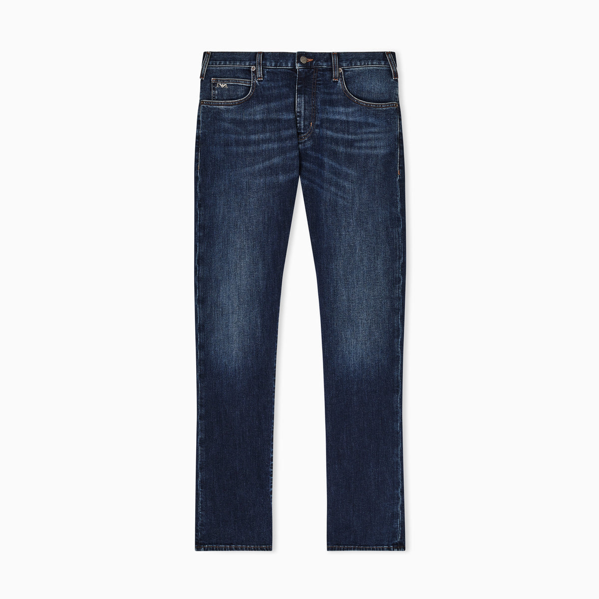 A pair of dark blue slim-fit jeans with subtle whiskering and fading on the thighs, shown flat against a light gray background. Emporio Armani Jeans available at Sakks Menswear in Southampton