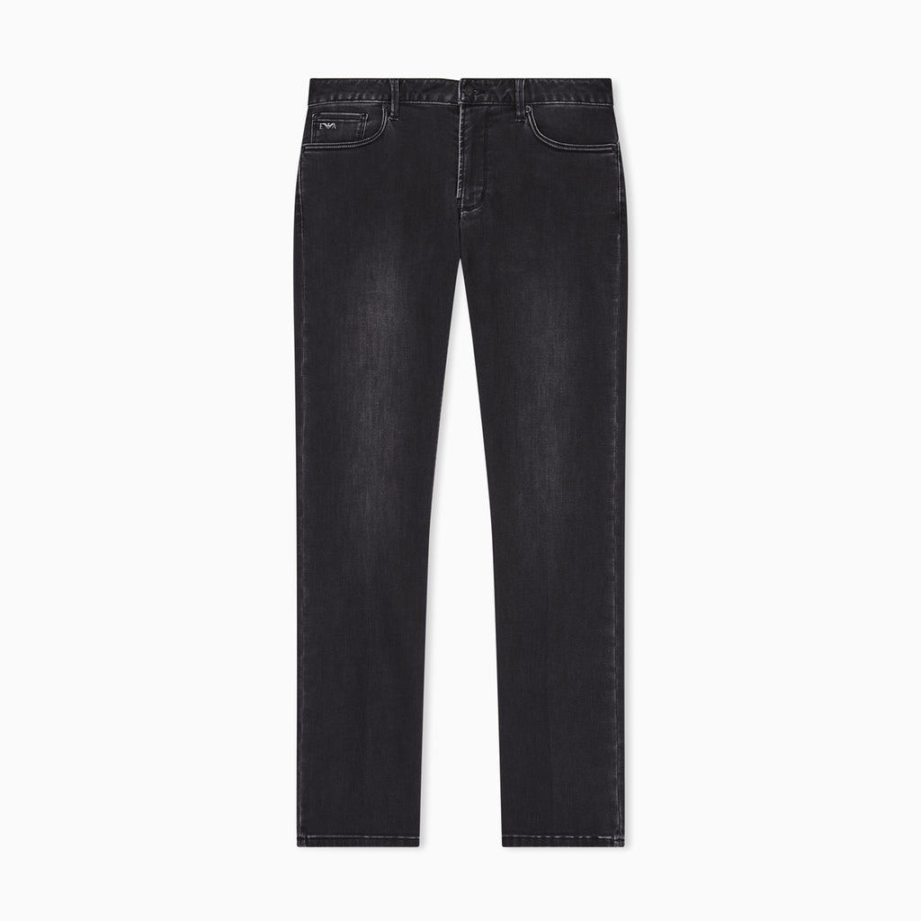 A pair of dark charcoal gray slim-fit jeans shown flat against a solid white background. Emporio Armani Jeans available at Sakks Menswear in Southampton.