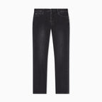 A pair of dark charcoal gray slim-fit jeans shown flat against a solid white background. Emporio Armani Jeans available at Sakks Menswear in Southampton.
