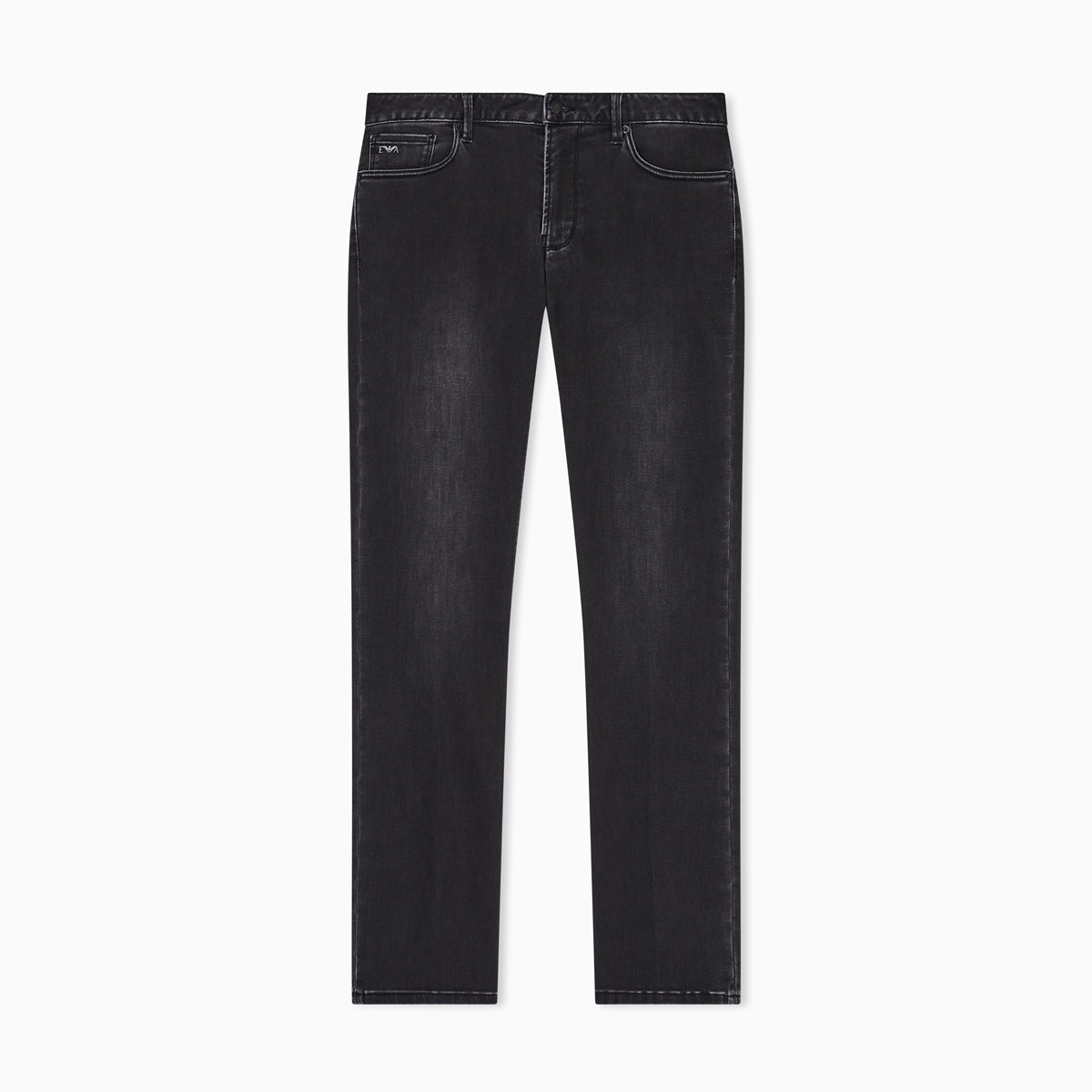 A pair of dark charcoal gray slim-fit jeans shown flat against a solid white background. Emporio Armani Jeans available at Sakks Menswear in Southampton.