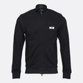 A black zip-up track jacket with a stand collar, featuring a small white rectangular chest logo with an eagle emblem, displayed on a light gray background. Emporio Armani Sweatshirt available at Sakks Menswear in Southampton.