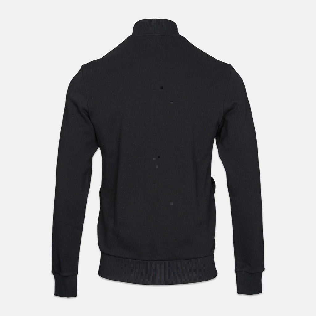 A black long-sleeve half-zip pullover sweatshirt shown from the back, featuring a mock neck collar and ribbed cuffs and hem, on a light gray background. Emporio Armani Sweatshirt available at Sakks Menswear in Southampton.