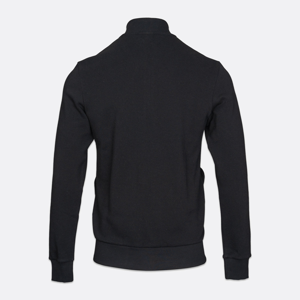A black long-sleeve half-zip pullover sweatshirt shown from the back, featuring a mock neck collar and ribbed cuffs and hem, on a light gray background. Emporio Armani Sweatshirt available at Sakks Menswear in Southampton.