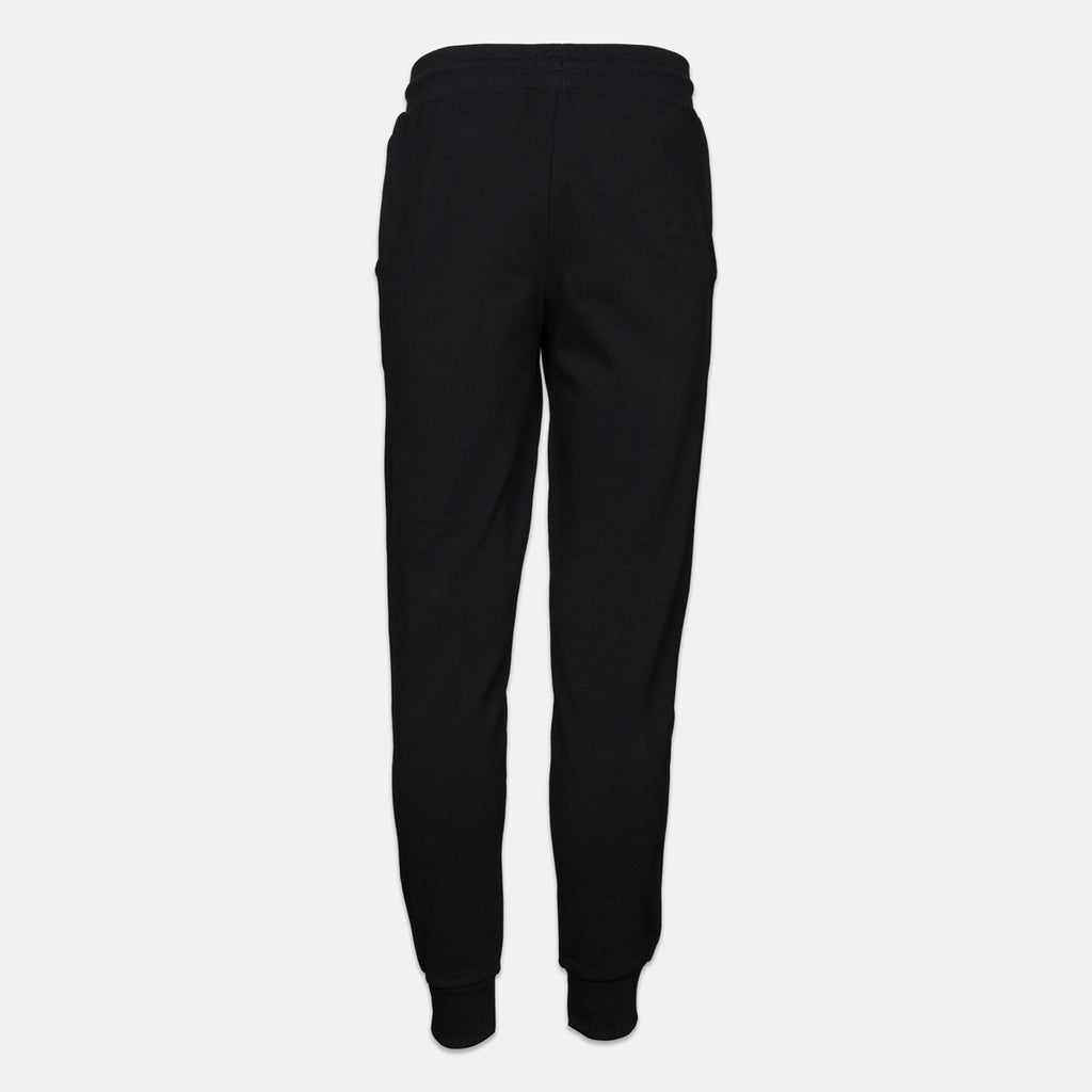 Black sweatpants shown from the back, featuring an elastic waistband and ribbed ankle cuffs, displayed on a light gray background. Emporio Armani Joggers available at Sakks Menswear in Southampton.